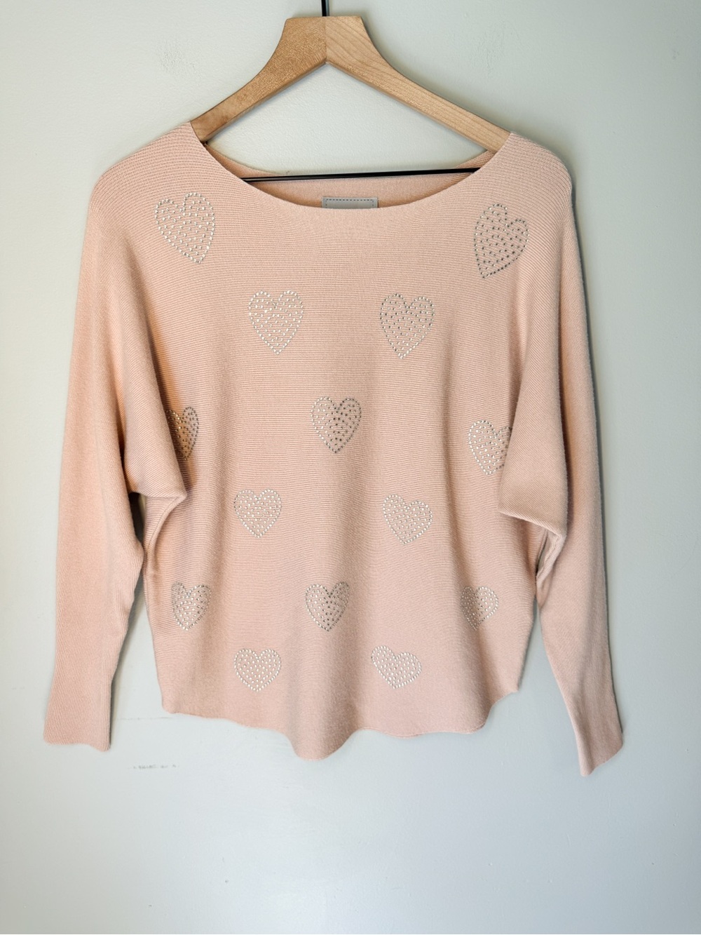 LIV Milano Blush Pink Rhinestone Heart Coquette Viscose Sweater Sz M